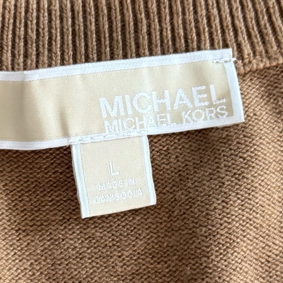 Michael Kors Cold Shoulder Sweater Dress – Cozy Knit V-Neck Sz L Camel Knit - Picture 5 of 7